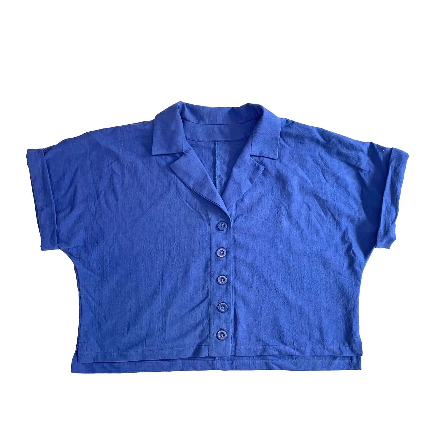 Bumper Bundle sewing pattern —Blue short-sleeve shirt with collar on a white background