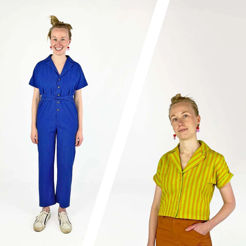 Bumper Bundle sewing pattern - Two women wearing blue jumpsuit and yellow striped shirt with brown pants on a white background