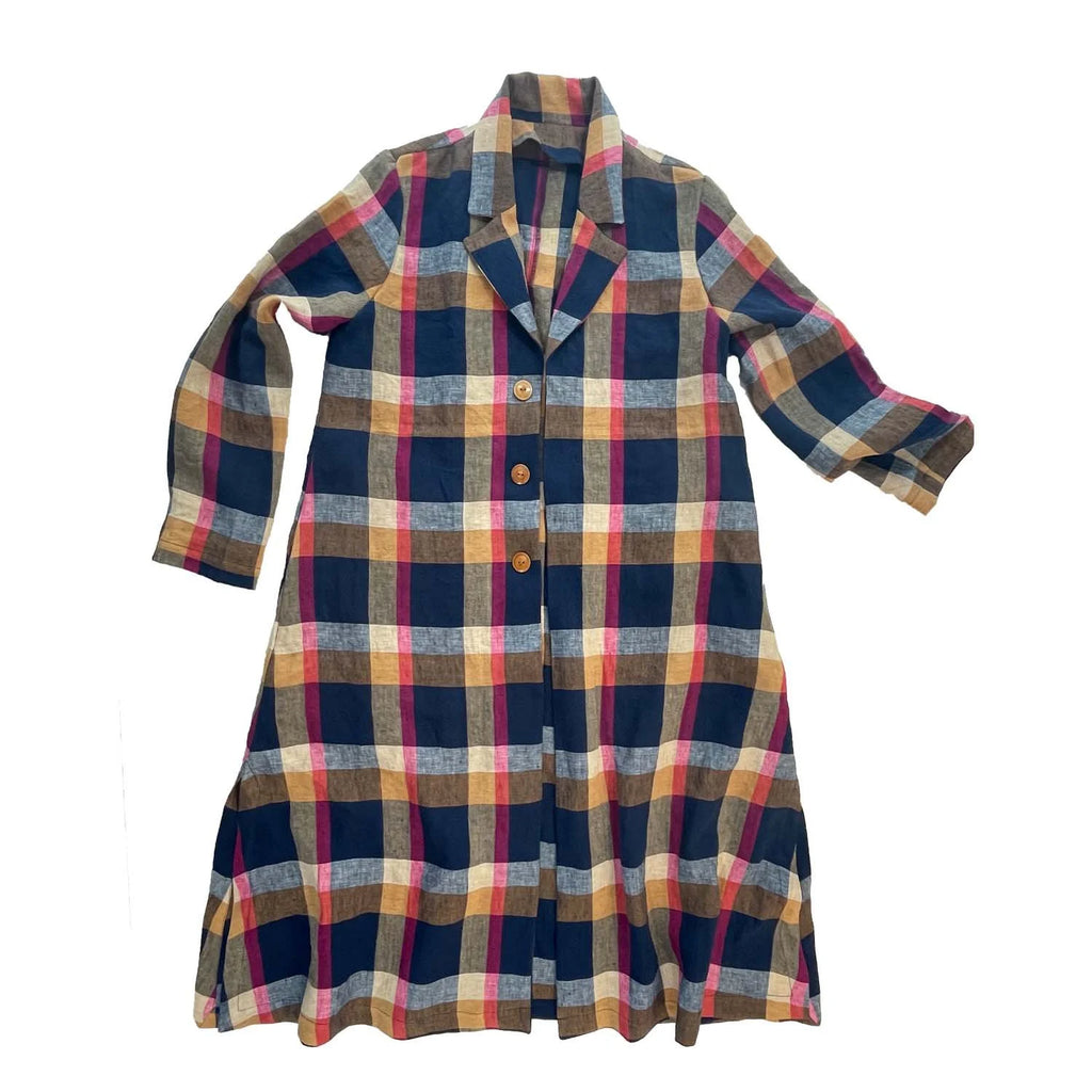 Swing Coat sewing pattern - A-line swing coat in navy and pink plaid with notched lapel, three-quarter sleeves, and gold buttons, flat view